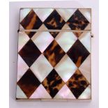 19th century tortoiseshell and mother of pearl card case with diamond geometric design to front