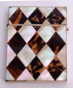 19th century tortoiseshell and mother of pearl card case with diamond geometric design to front
