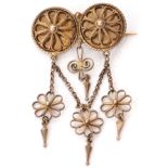 Vintage Marius Hammer Norway silver gilt filigree brooch pin with pendant drops and chains, circa