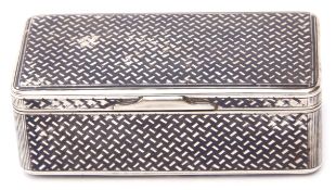 Mid-19th century Russian silver and niello work snuff box of chest form, all over niello brick weave