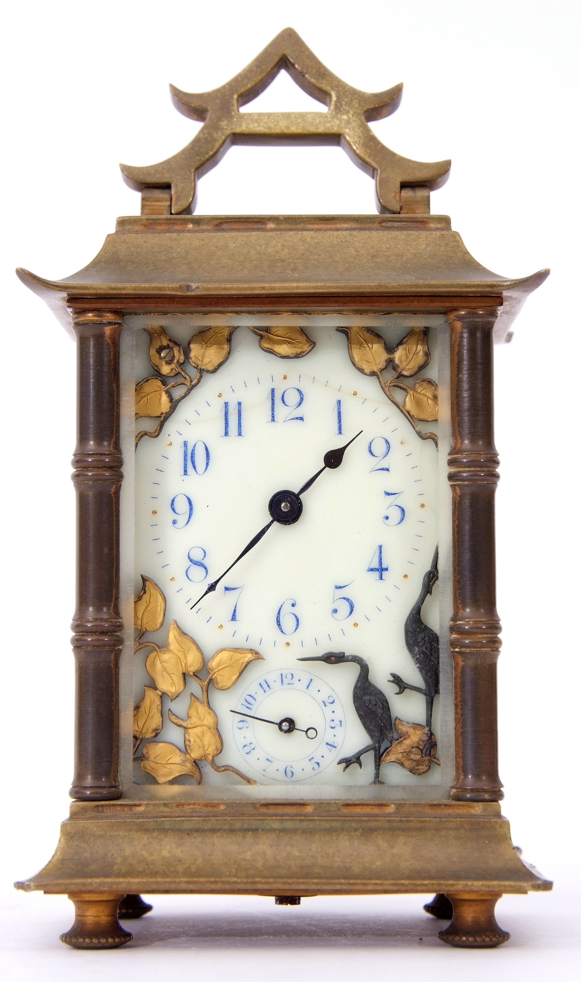 Third quarter of 19th century French brass carriage clock in Chinese pagoda style, blue Arabic