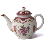 Lowestoft porcelain tea pot and cover circa 1780, decorated in polychrome with a Curtis type design,