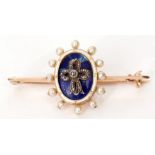 Early 20th century rose cut diamond, pearl and royal blue and white enamel pin brooch, the centre
