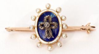 Early 20th century rose cut diamond, pearl and royal blue and white enamel pin brooch, the centre