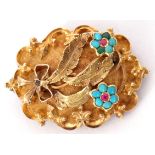 Antique yellow gold turquoise and ruby set brooch, a design with two turquoise and ruby