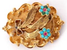 Antique yellow gold turquoise and ruby set brooch, a design with two turquoise and ruby
