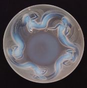 Lampshade (possible conversion) by Rene Lalique, circa 1930s, the shade in opalescent blue decorated