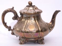 Victorian melon shaped tea pot featuring chased panels of flowers, foliage and scrolls, leaf