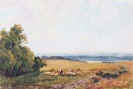 Robert Thorne Waite, RWS (1842-1935) "Figures by a harvest field" watercolour, unsigned, 34 x 52cm