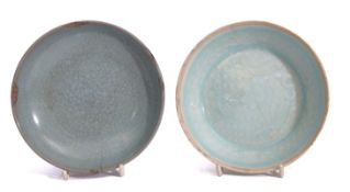 Two Chinese dishes of Longuan celadon type, one with typical crackle effect, possibly Song