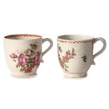 Two Lowestoft coffee cups circa 1775, one with the Thomas Rose pattern, the other decorated in tulip