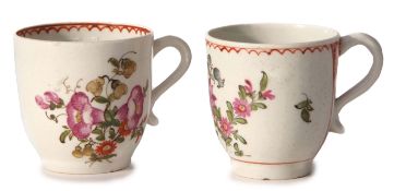 Two Lowestoft coffee cups circa 1775, one with the Thomas Rose pattern, the other decorated in tulip