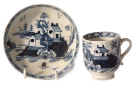 Lowestoft cup and saucer circa 1770, decorated in underglaze blue with a chinoiserie design of