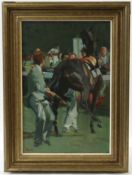 AR Roger Coleman (Born 1930) "Kicking Out in the Paddock - Goodwood" oil on board, initialled and