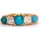 Turquoise and diamond ring, a design with three circular graduated turquoise stones and two