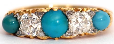 Turquoise and diamond ring, a design with three circular graduated turquoise stones and two