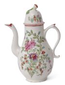 Lowestoft porcelain coffee pot and cover circa 1780, decorated with a polychrome design after Thomas