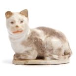 Mid-18th century small model of a cat on a flat white base, probably Meissen, 4cm long