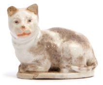 Mid-18th century small model of a cat on a flat white base, probably Meissen, 4cm long