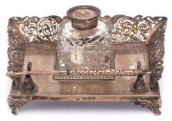 Small Victorian ink stand, of rectangular shape with cast pierced gallery featuring central angels