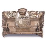 Small Victorian ink stand, of rectangular shape with cast pierced gallery featuring central angels