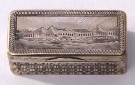 Mid-19th century Russian silver snuff box of chest form, chequerwork niello decoration to the four