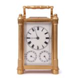 Late 19th century Swiss brass and glass cased multi-function carriage clock, having black Roman