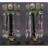 Pair of late 19th century green glass table lustres decorated in typical fashion with floral sprays,