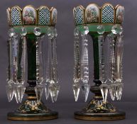 Pair of late 19th century green glass table lustres decorated in typical fashion with floral sprays,