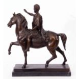 Bronze patinated cast metal model of a classical figure mounted on stallion, 20cm high
