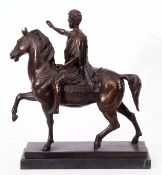 Bronze patinated cast metal model of a classical figure mounted on stallion, 20cm high