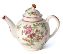 Lowestoft tea pot and cover with polychrome decoration after Thomas Rose, 15cm high