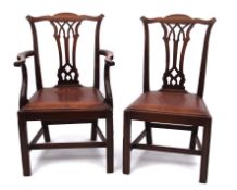 Set of twelve mahogany Chippendale style dining chairs comprising two carvers and ten single chairs,