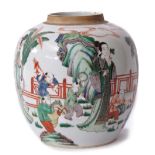 Large famille vert ginger jar decorated in typical fashion with a lady and children in a garden