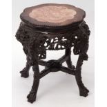 Anglo Indian hardwood and marble inset jardiniere stand of shaped circular form, the spreading