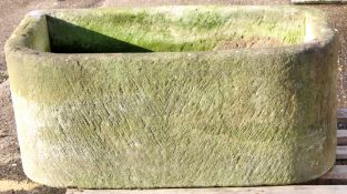 Large stoneware or composition garden trough of demi-lune form, 107cm wide