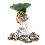 Interesting 19th century yellow metal, rock crystal, enamelled and jadeite frog ornament, 6.5cm