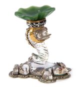 Interesting 19th century yellow metal, rock crystal, enamelled and jadeite frog ornament, 6.5cm