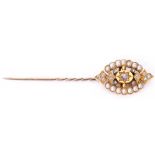 Antique pearl and diamond stick pin, the large marquis shaped finial set with graduated old cut