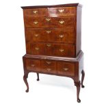 18th century and later walnut and oak chest on stand, cross banded drawers, the upper section with