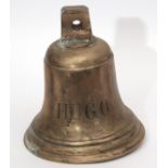 Heavy bronze or cast metal bell of typical form inscribed "Hugo", 30cm high