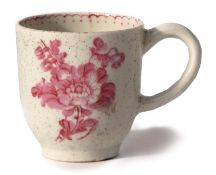 Early Lowestoft porcelain coffee cup with a pink monochrome design with line and loop dot border