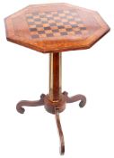 19th century octagonal pedestal games table with gilt metal mounted column, terminating in scroll