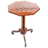 19th century octagonal pedestal games table with gilt metal mounted column, terminating in scroll