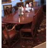 Regency period and later triple pedestal dining table raised on three ball moulded and ring turned