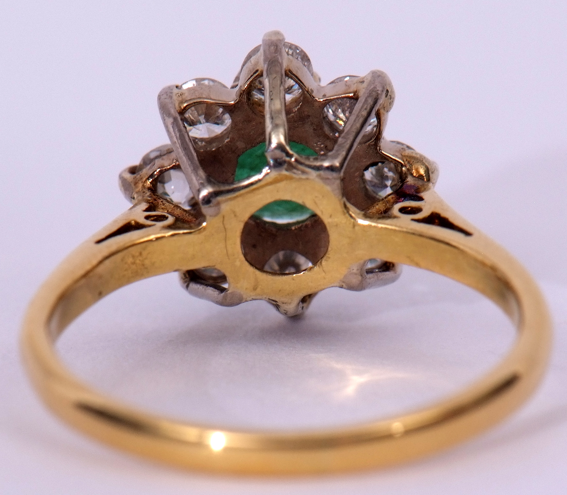 18ct gold emerald and diamond cluster ring, the circular shaped emerald multi-clawed set within a - Image 4 of 6