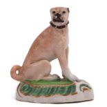 English porcelain model of a bulldog, raised on an oval rococo base, possibly Rockingham, 7cm high