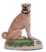 English porcelain model of a bulldog, raised on an oval rococo base, possibly Rockingham, 7cm high