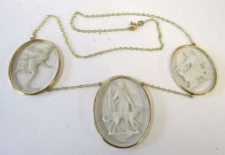 9ct gold glass intaglio necklace featuring three graduated glass intaglios, classical figures, all