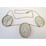 9ct gold glass intaglio necklace featuring three graduated glass intaglios, classical figures, all